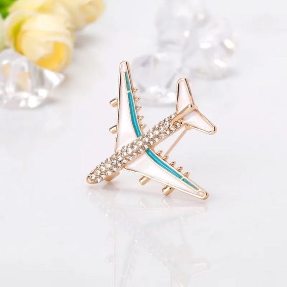 **LULEE* White x Blue Rhinestone Fashion Airplane Brooch - Picture 3 of 6